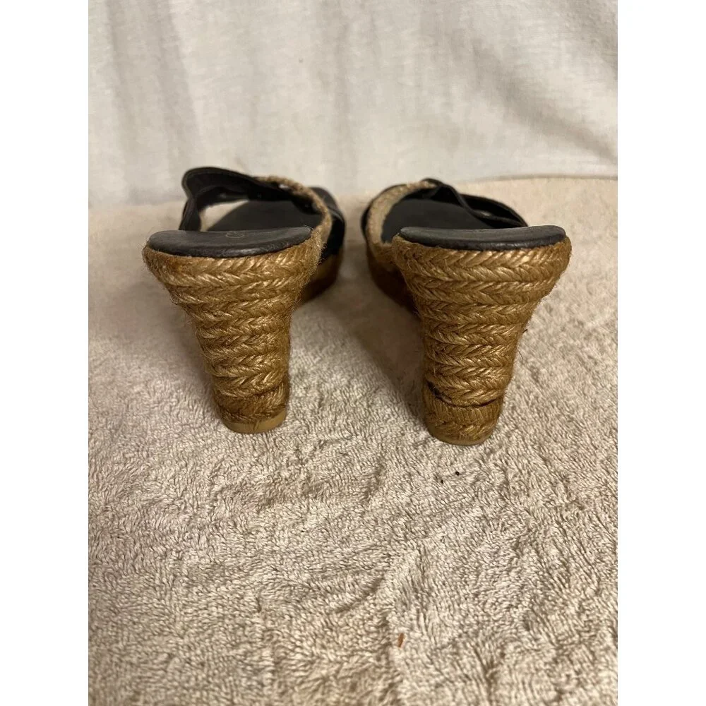 André Assous Women's Espadrille Wedge Sandals Size 7 Black & Natural Leather
